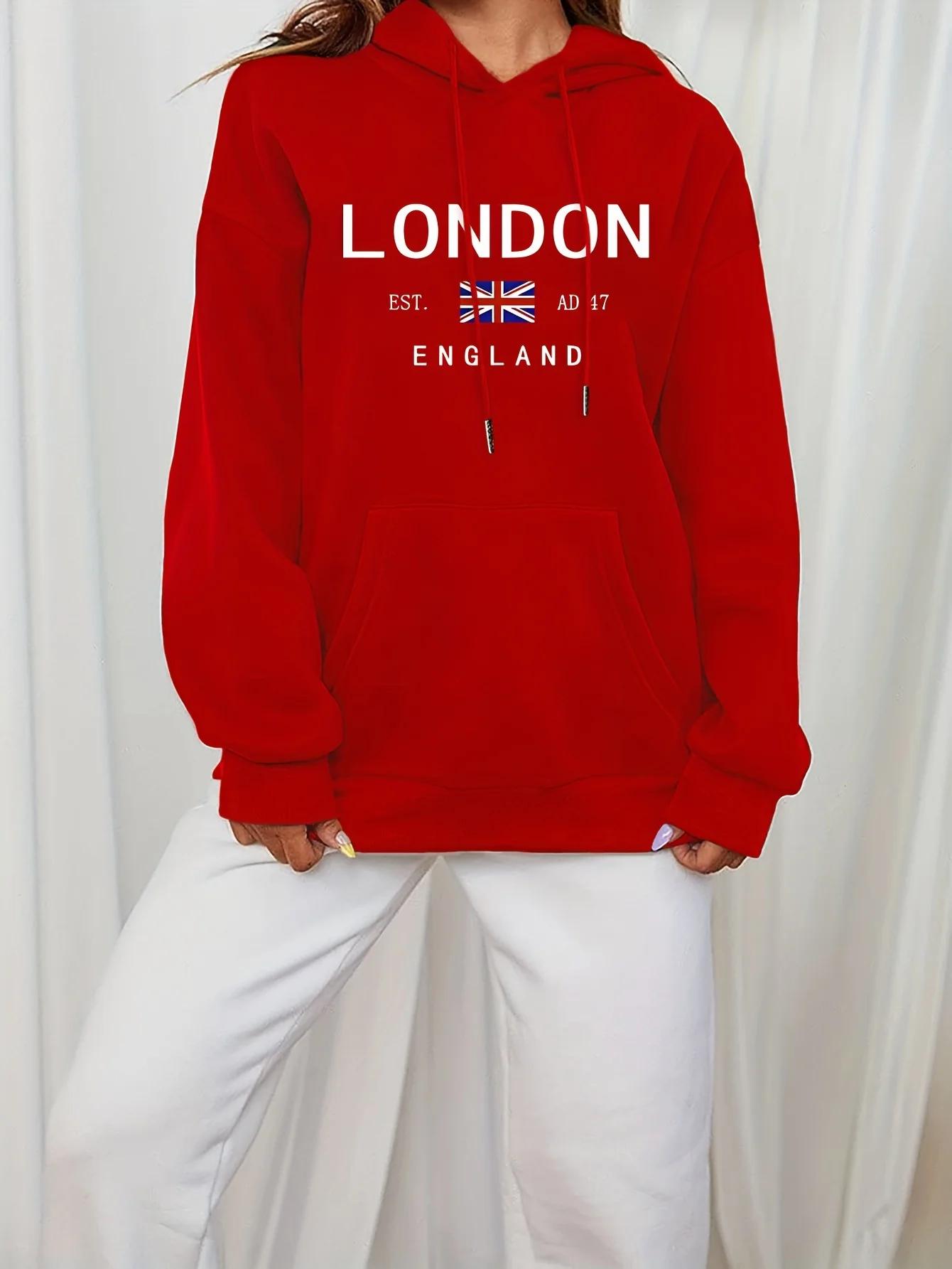 

Vibrant London Print Drawstring Hoodie - Stylish Hoodie with Kangaroo Pocket and Casual Long Sleeves Women Clothing Graphic Y2K 3XL