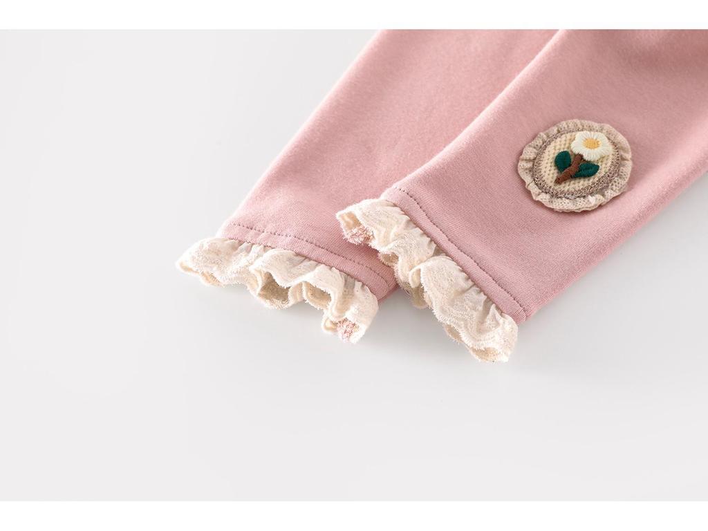 Autumn 2025 Girls' Leggings: Flower Applique, Lace Trim, Solid Color for Babies and Children
