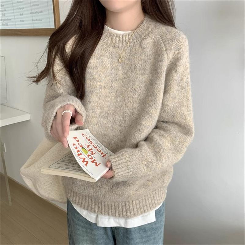 Crew neck lazy wind pullover sweater women's autumn and winter new loose high-end soft waxy knitted sweater top
