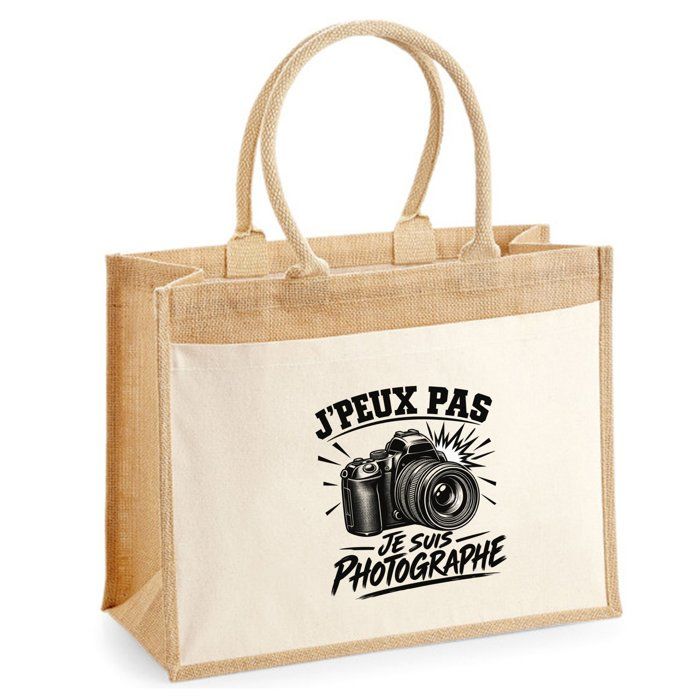 Sac Cabas Jute avec Poche J’peux pas je suis Photographe J'peux pas minimaliste | Toile de Jute et Coton 21 L Fond Plat Anses 65 cm