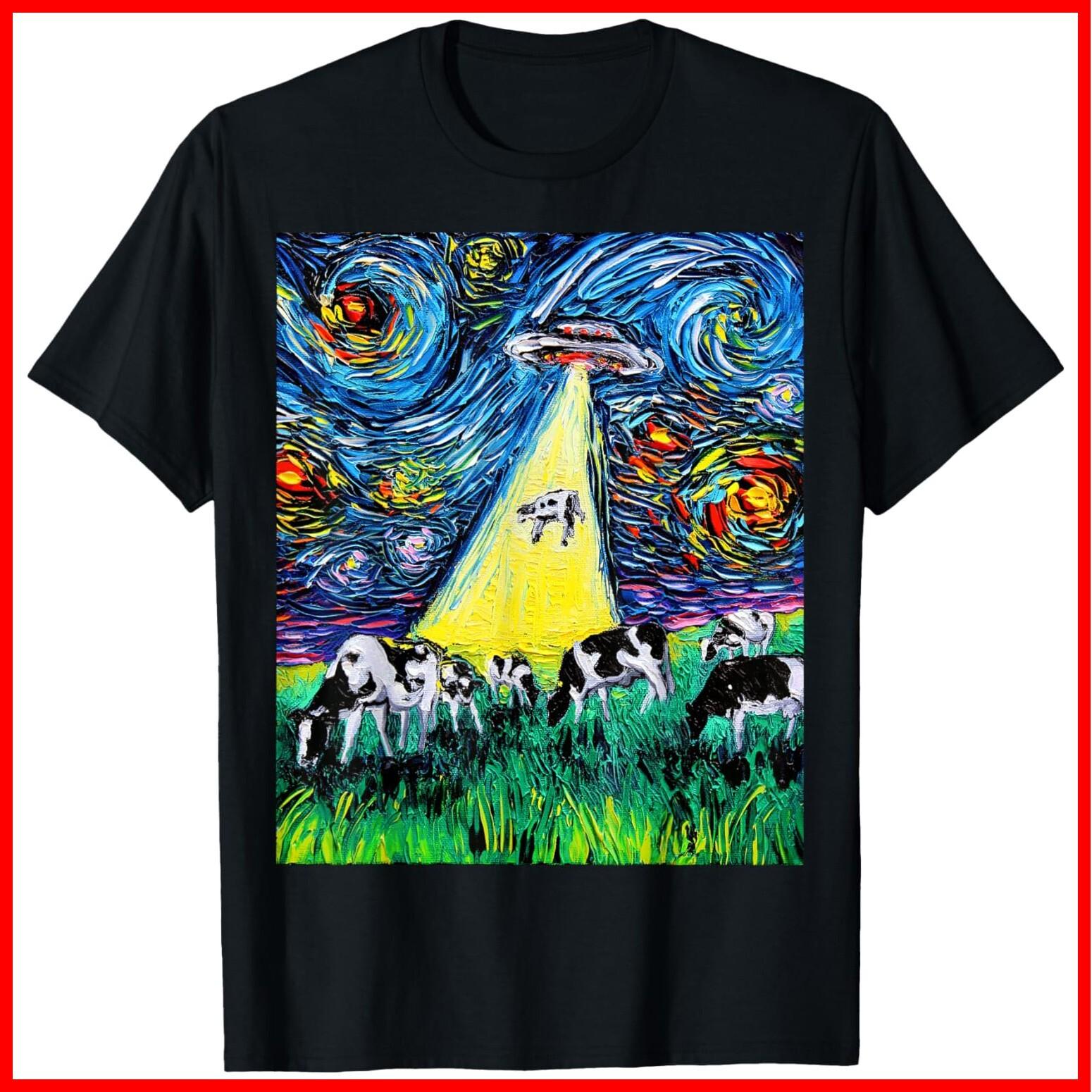 Alien Abduction Cows UFO Starry Night Funny Art by Aja Black Cotton T-Shirt M