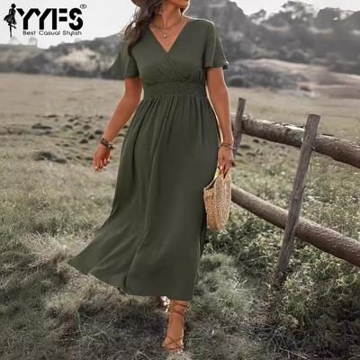Damenmode Sommer Frühling Einfarbiger Druck Kurzarm V-Ausschnitt Hohe Taille Freizeitkleider