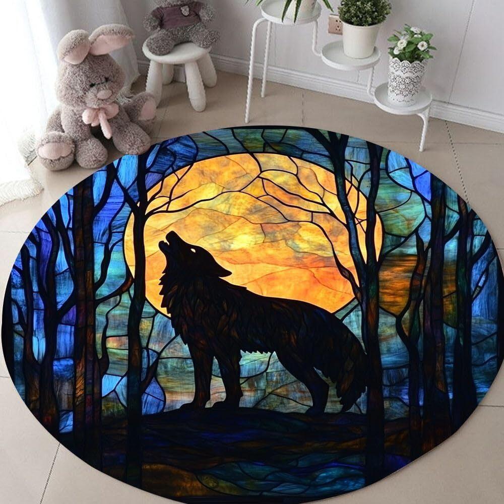 Wolf King Mosaic Glass Circular Carpet Moon Full Night Wolf Living Room Bedroom Retro Border Decorative Carpet Rug