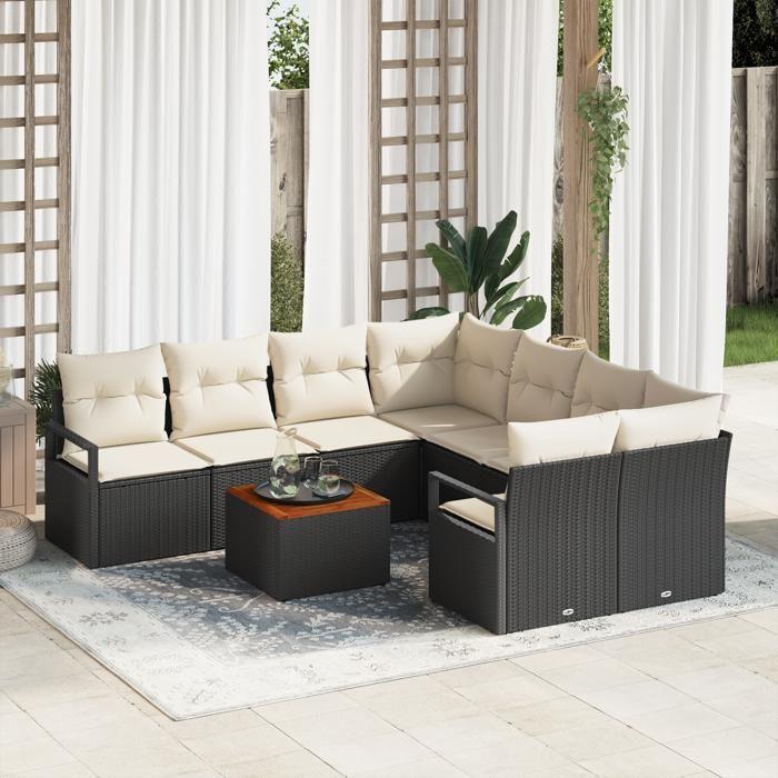 Ensemble de Canapé de Jardin 9 Pièces avec Coussins en Rotin Poly Noir Acacia, Canapé de Jardin 2 Places avec Rangement 3356353