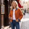 Spliced Denim Coat Damska Kurtka Zapinana na Zamek Sztruksowa, Długi Rękaw Casualowy Płaszcz, Kontrastowy Kolor Ubrania Kurtka Jesień Zima z Kołnierzem Klapowym Luźna