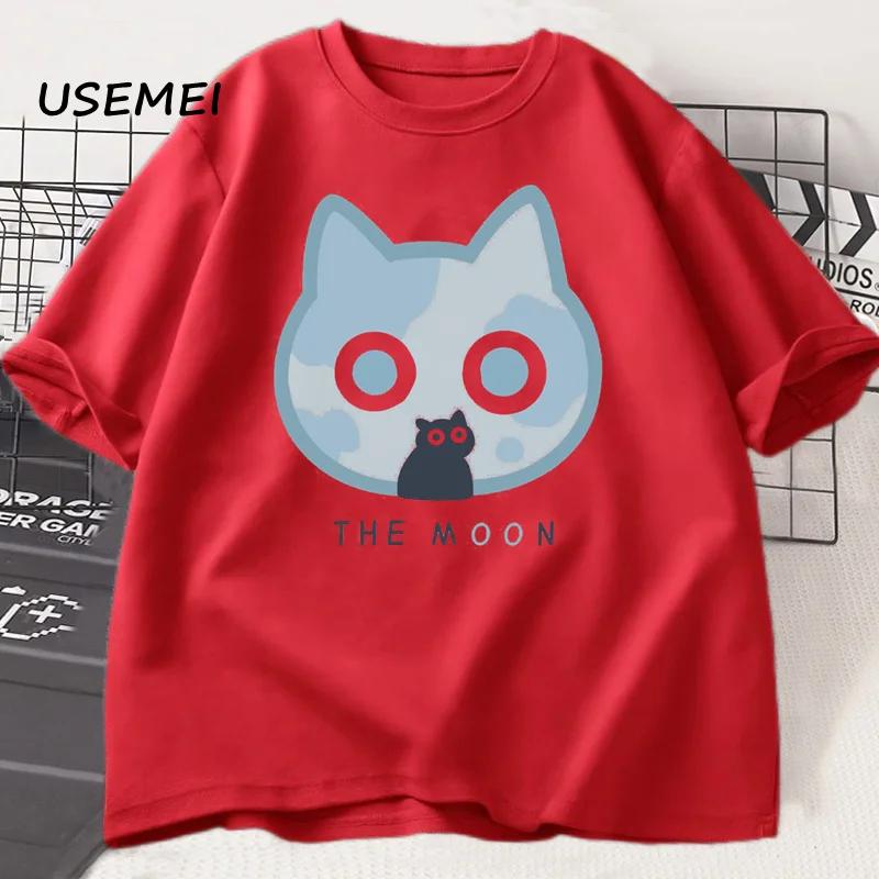 

The Moon Adorable Cute Black Cat T-shirt Men Cartoon Cotton Short Sleeve Tshirt Japanese Style Loose Tee Shirt Unisex Clothing M