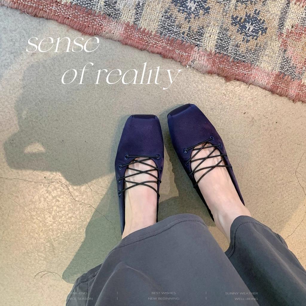 2025 Autumn Grape Mother Noble Satin Temperament Square Head Cross Belt Flat Bottom Shallow Mouth Mary Jane Single Shoes Women's Ballet Shoes