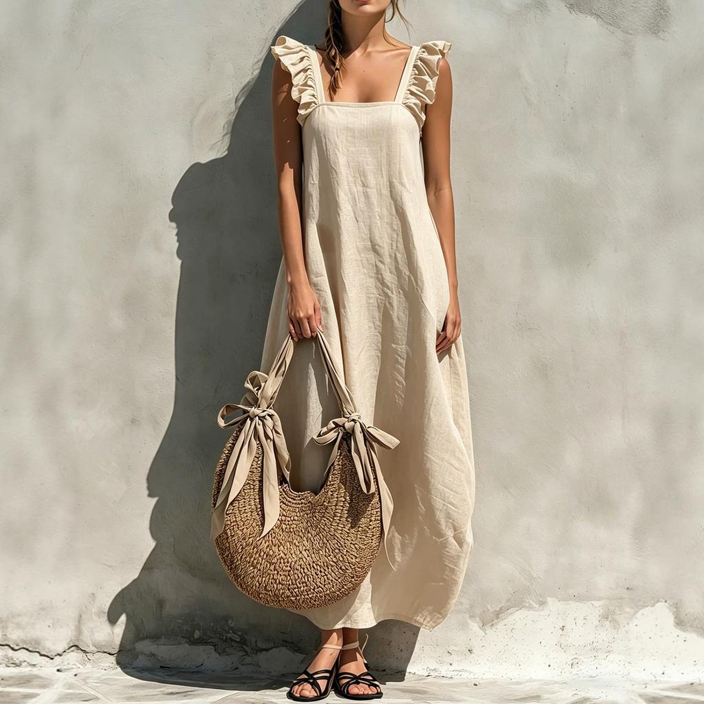 Sleeveless Square Neck Ruffle Strap Maxi Dress Loose Fit Casual Lightweight Summer Dress for Women Beachwear