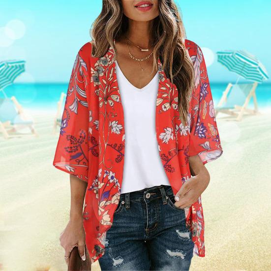 Women Beach Shirt Flower Print Thin Soft Short Sleeve Open Stitch Loose Breathable Sun Protection Anti-UV Lady Beach Cover-up