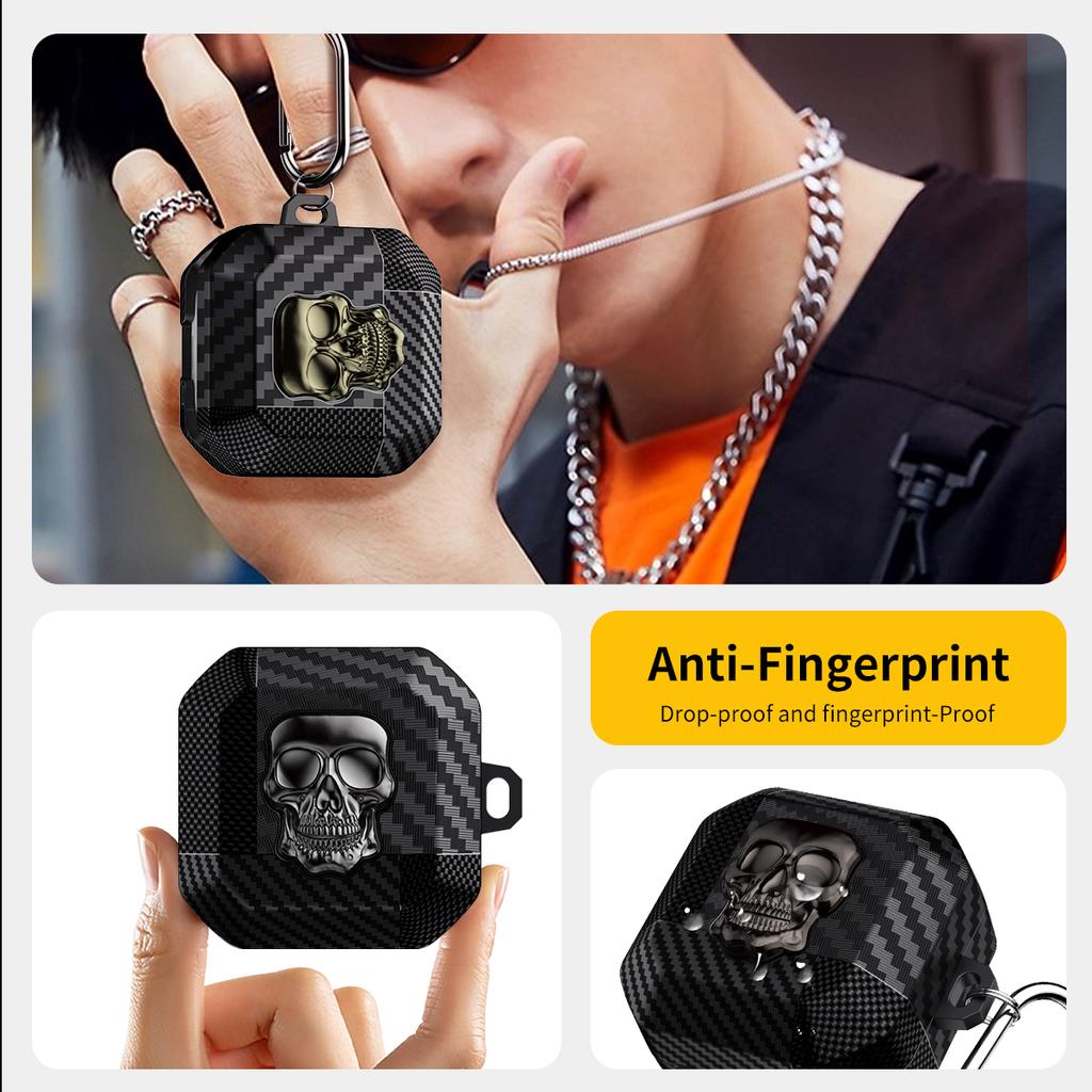High End Gothic Suit Thug Skull Series Earphone Case For Samsung Galaxy Buds 4 4Pro Headphone Cover Carbon Fiber Capa With Hook