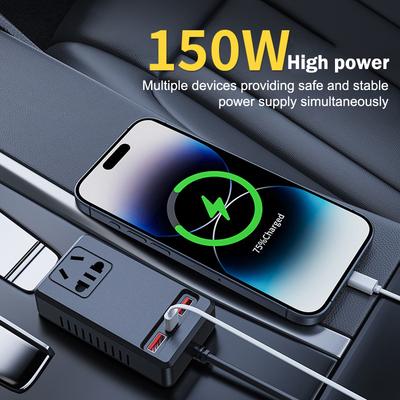 Evrensel 150W Araç İnvertörü DC 12V/24V'dan 110V/220V'a Otomatik Güç Dönüştürücü Adaptör USB Tip C Şarj Cihazları iPhone için Araç İnvertörü