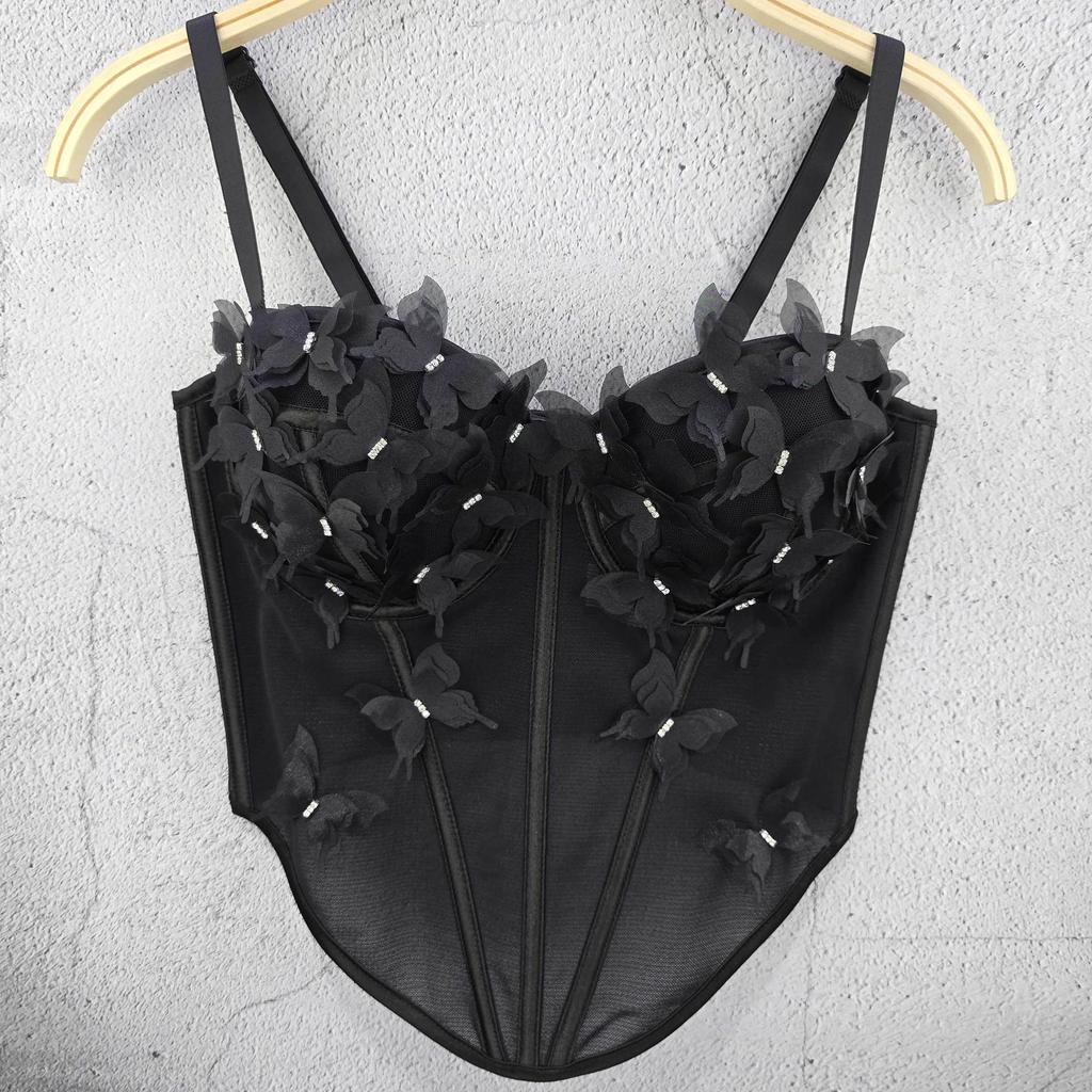 3D Floral Butterfly Strapless Tank Top Fitted and Sensual Fishbone-style Inner Layer Camis & Tank Tops