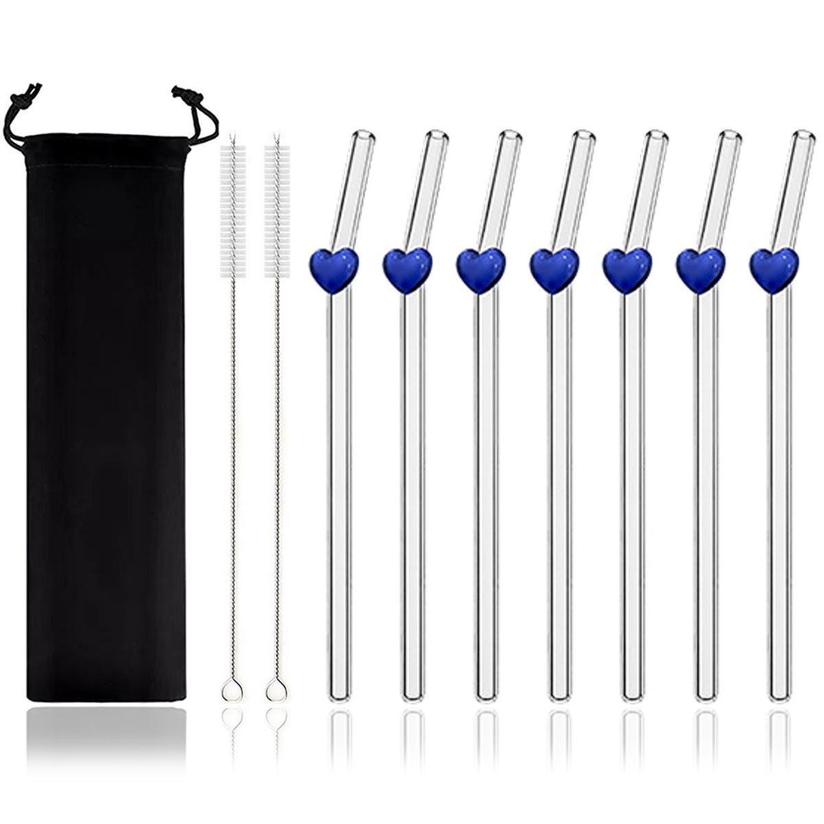 7pcs Glass Drinking Straws Set with Colorful Cute Heart Decor Reusable Clear Glass Straws with 2 Cleaning Brush and 1 carrying bag for Juice Coffee синий