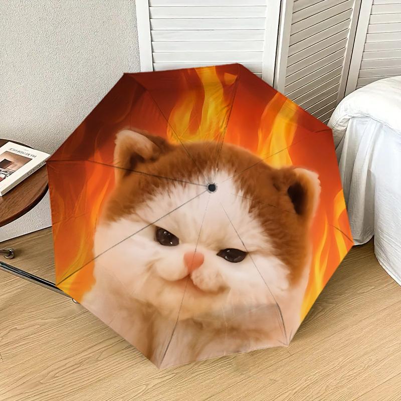 Flaming Feline Fun: Customizable Cat Print Umbrella - Auto Open/Closed, Outdoor Travel Essential, Lightweight & Durable 033