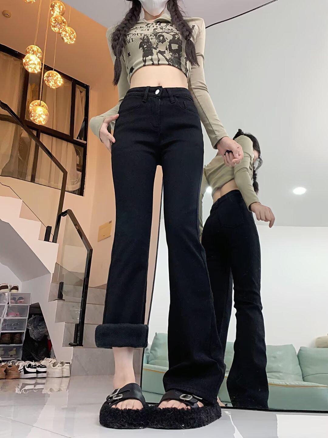 

Женские джинсы клеш с высокой посадкой на флисовой подкладке - Большой размер, Эластичные, Слим-фит, Универсальные для осени/зимы M