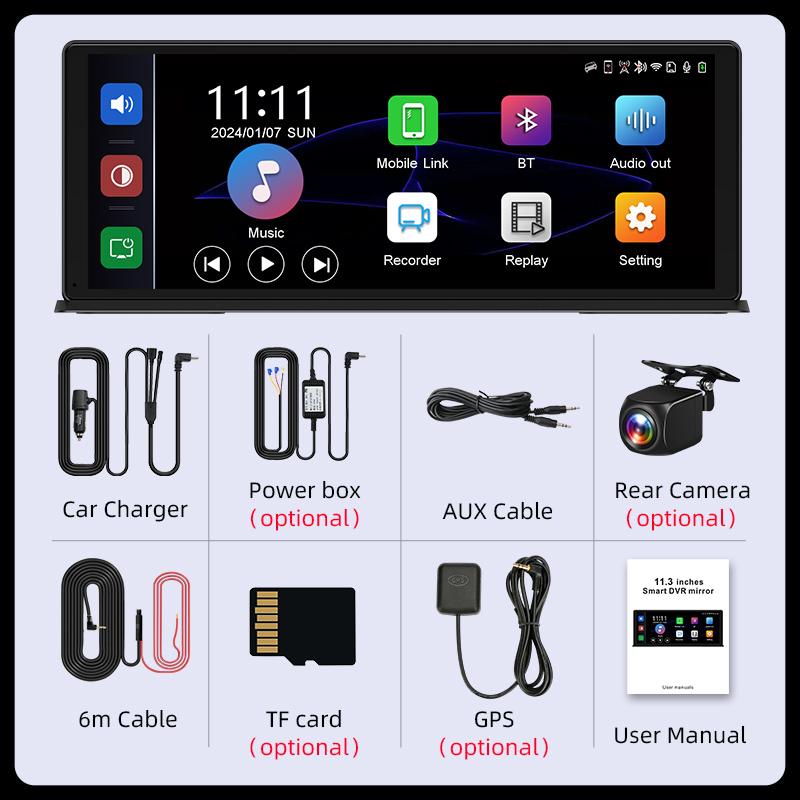 11.3" Car DVR 4K Dash Cam Wireless Carplay Android auto Ai Screen Dual Len Video Recorder 1080P Rear view Camera GPS Navigation