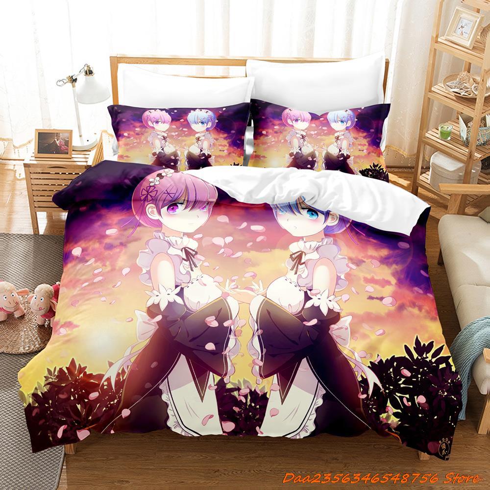 Comforter Re Zero Rem Ram Bedding Set Cartoon Anime Three-Piece Set Adult Kid Bedroom Duvet Sets 3D Kawaii Girl Twin Set