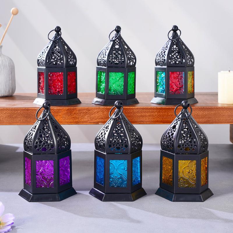 1 Pieza Candelabro Decorativo de Hierro Forjado Retro Europeo de Seis Caras con Vidrio de Color, Candelabro Colgante de Hierro Forjado a Prueba de Viento