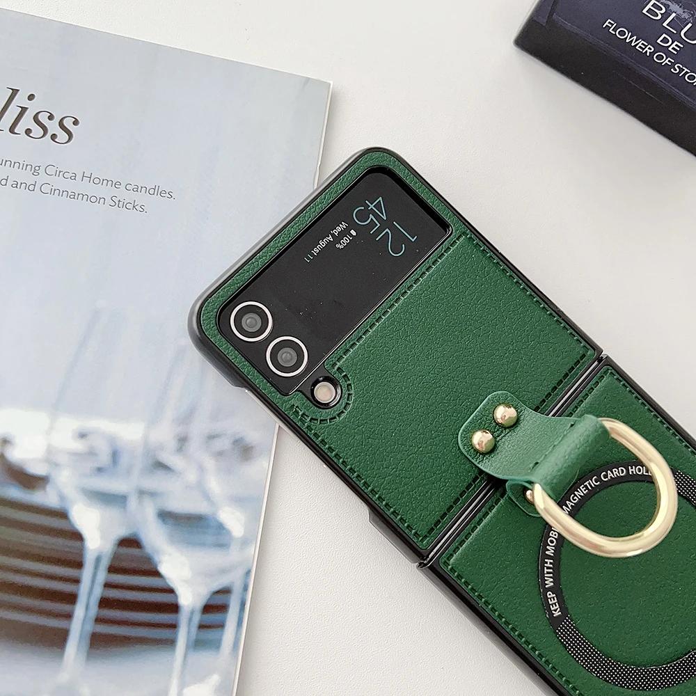 PU Leather Phone Cover for Samsung Galaxy Z Flip 7 FE 6 5 4 3 Case with Ring Holder for Magsafe Magnetic Wireless Charge Flip6