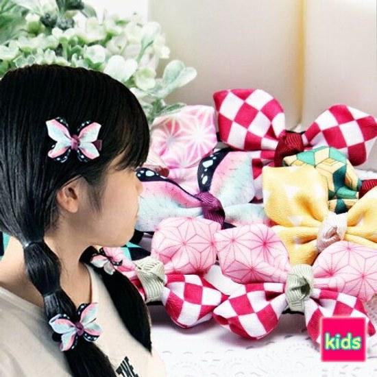 Hair Tie Kids Japanese Pattern Large Satin Butterfly Ribbon (2 pieces) Anime Trendy Accessories Checkered Hemp Leaf Japan Traditional Classic Kimono