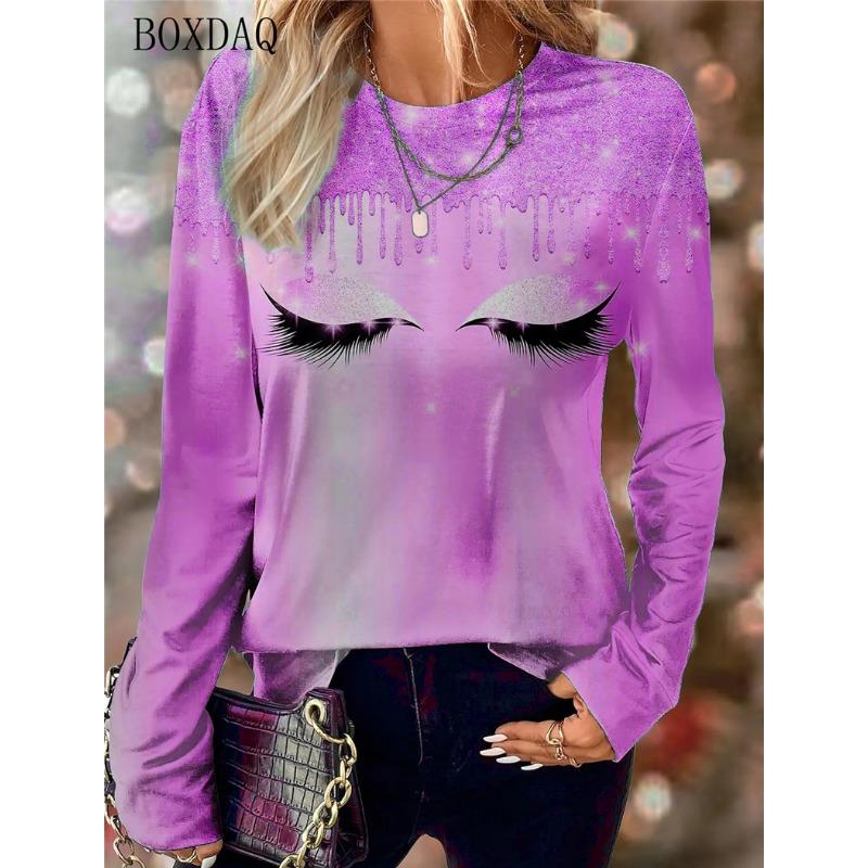 Women Eyelash Face Abstract Pattern Fashion T-Shirts Spring Autumn Long Sleeve 3d Print