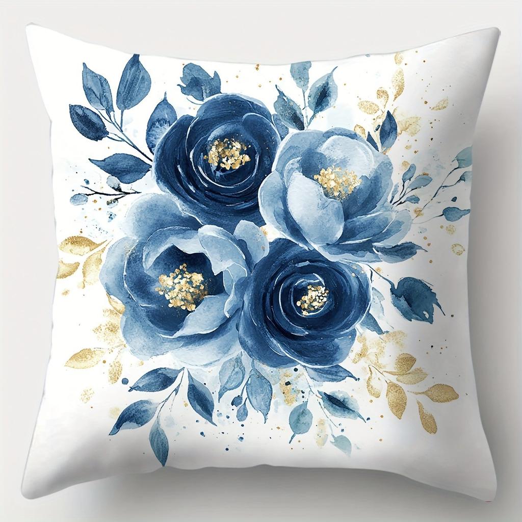Blue Flower Decorative Pillowcase, Ultra-soft Polyester Material Living Room Sofa Back Car Pillowcase Home Decoration