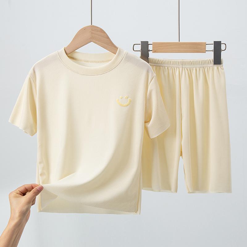2Pieces Children s Summer Thin Short-sleeved Shorts Ice Silk Suit Boys and Girls Casual Home Clothes 2-piece Suit. 100