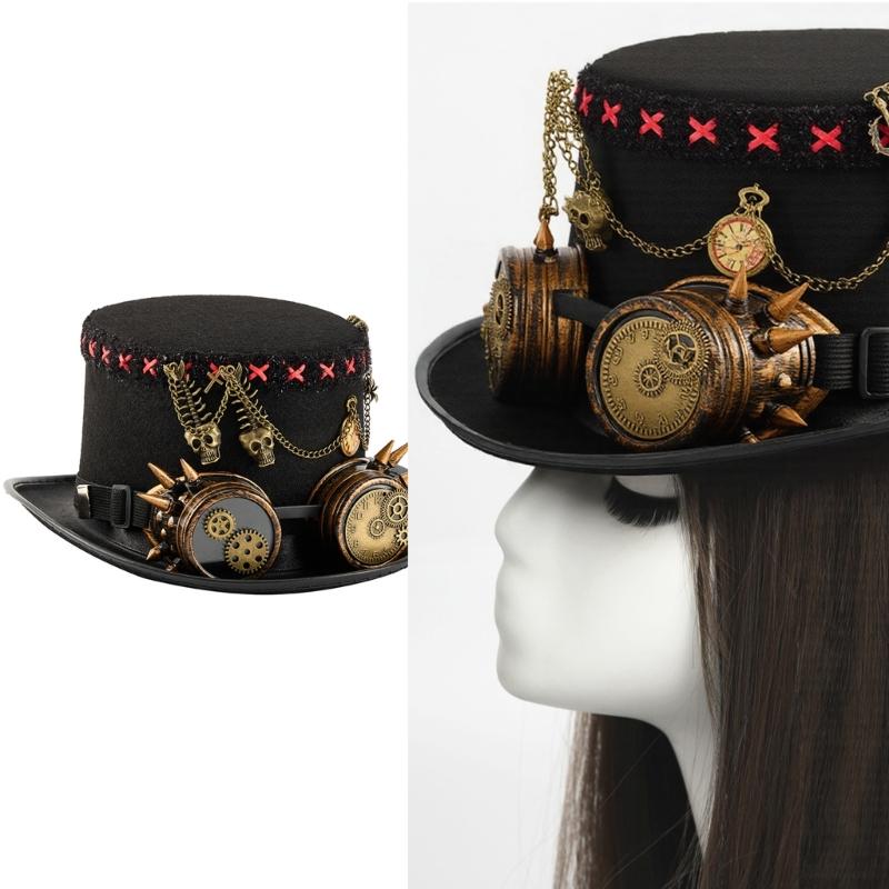 Steampunk Top Hat With Skull Goggles And Industrial Metal Gears Fantasy Cosplay Hat For Costume Rock Concerts Festivals