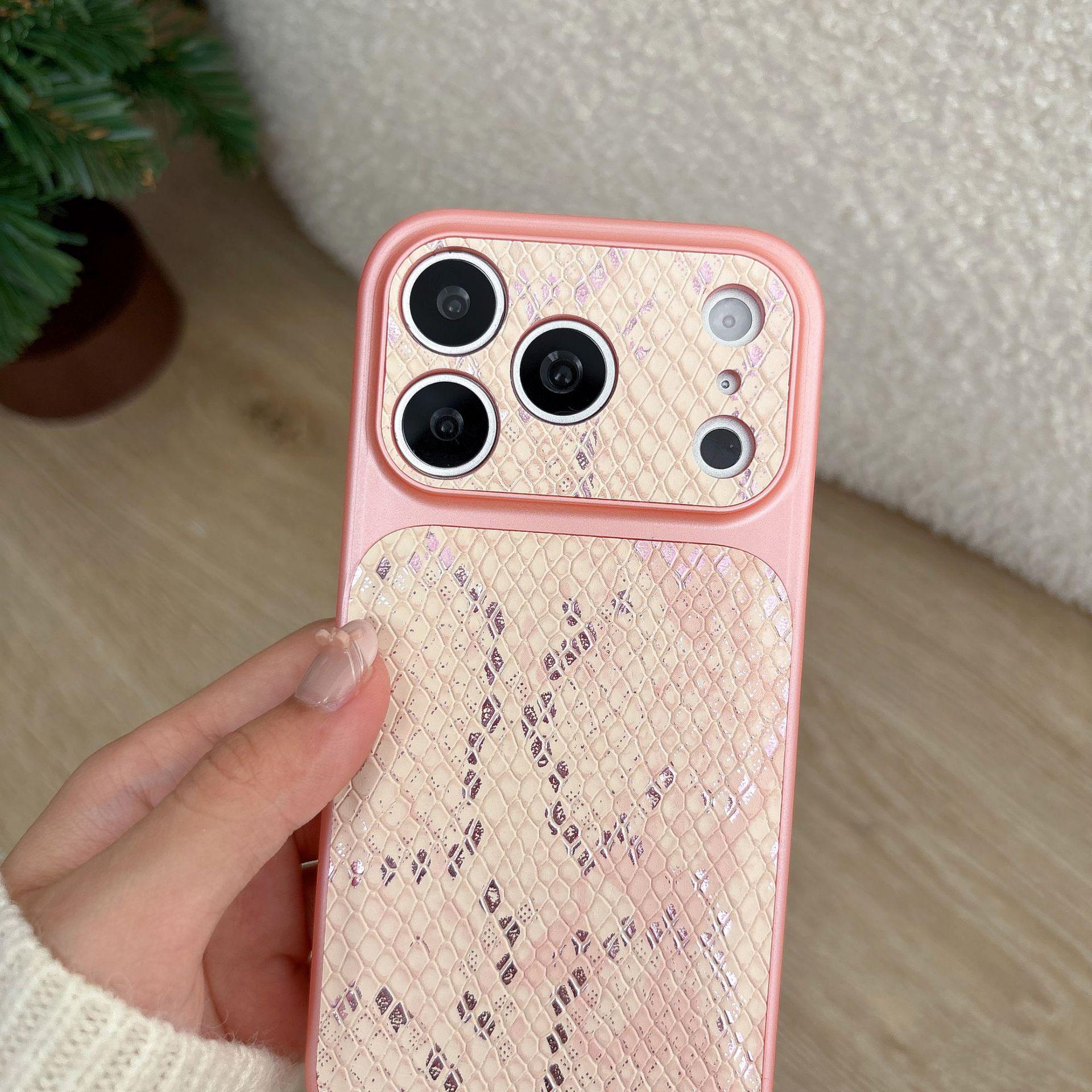 

Pink Snake Skin iPhone Case with Fur Ball Wrist Strap, Compatible with iPhone 17 Pro Max & Earlier Models iPhone 16 Pro Max