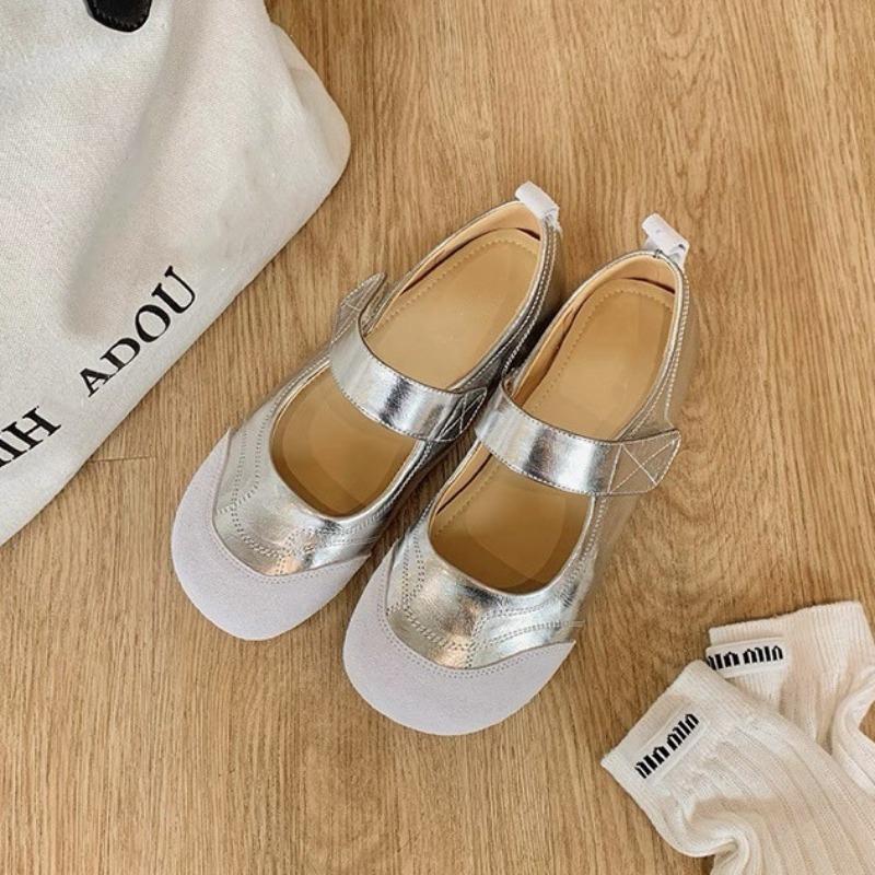 

Grape family new cowhide version~ soft cute round head versatile lazy Velcro word with Mary Jane shoes women s spring and summer 40 срібний