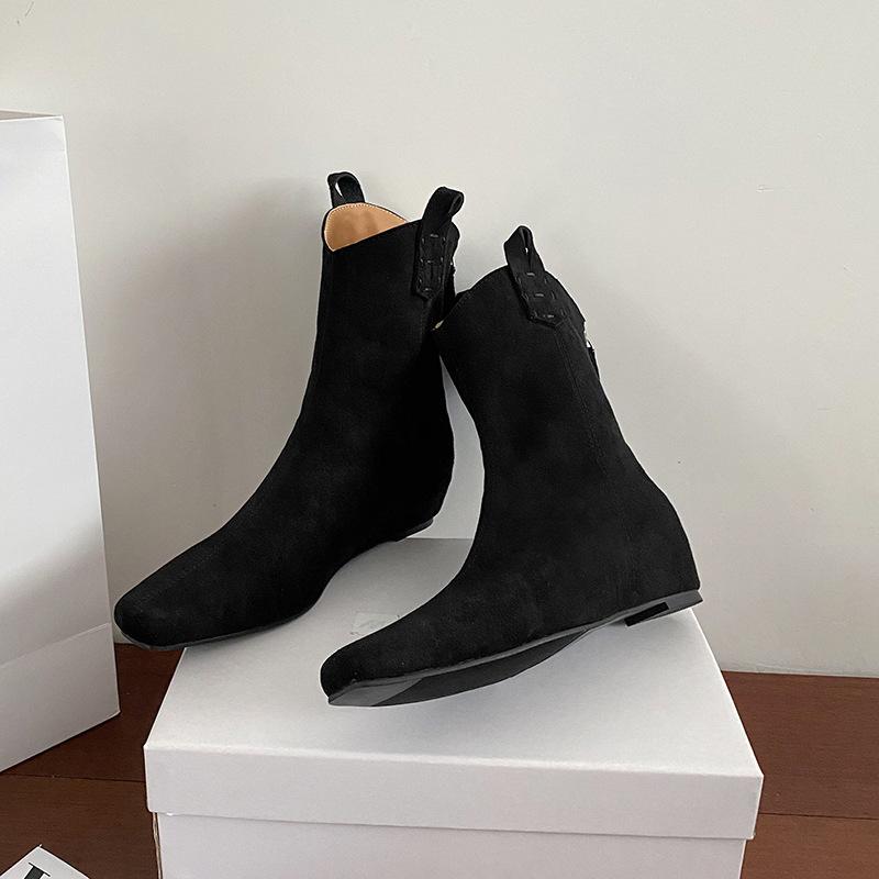 

New suede boots retro thin boots square head western cowboy boots thick heel inner height increase short boots women 39