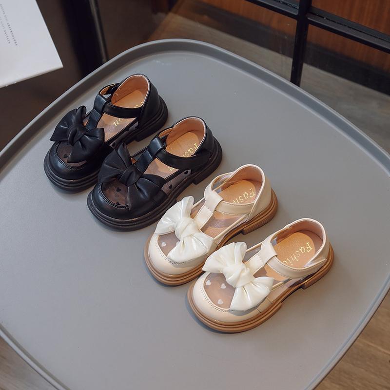 Girls Princess Shoes Big Bows T-strap Kids Leather Shoes Mesh Breathable 2025 Summer New Girls Sandals Round Toes Sweet Ins
