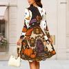 Women Plus Size Round Neck Long Sleeve Swing Dress Cowboy Skeleton Pumpkin Floral Print Halloween Casual Midi Dress