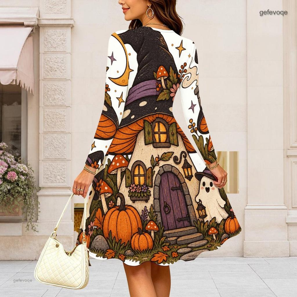 Women Plus Size Round Neck Long Sleeve Swing Dress Cowboy Skeleton Pumpkin Floral Print Halloween Casual Midi Dress