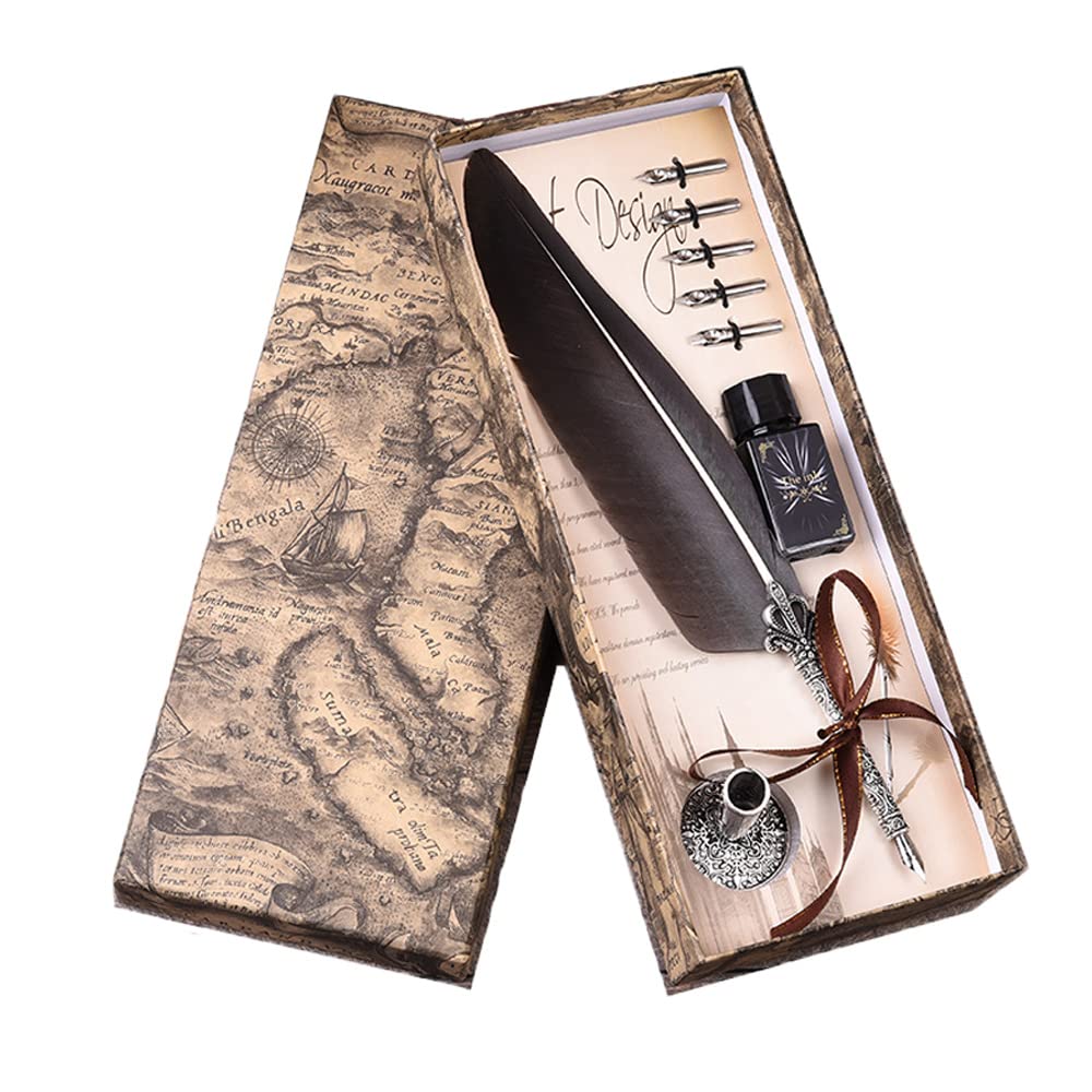 Sedna Magic Medieval Elven Quill Pen Set with Pen and for Dip Fountain Feather Quill Antique Pen (Gray) Stand, Ink, Refills, Pen, Pen, Pen, Pen,