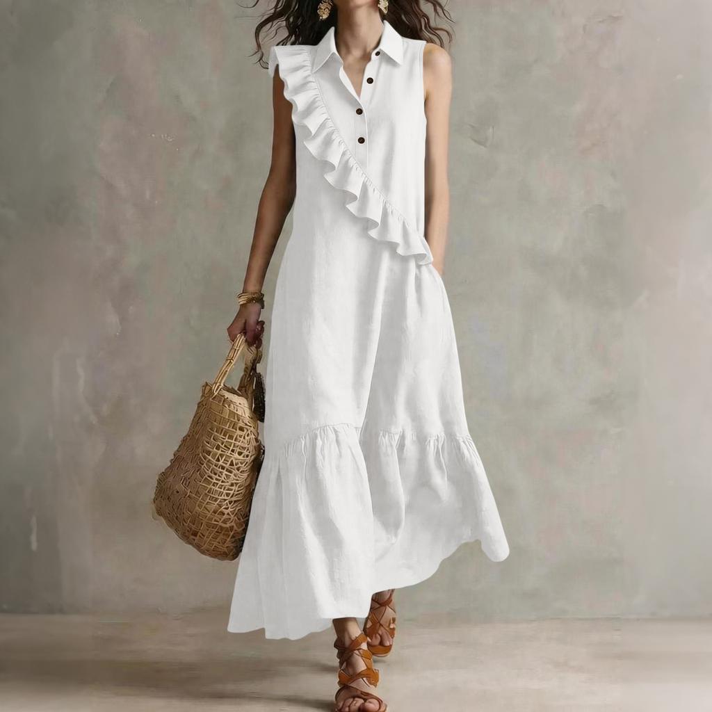 Women's Sleeveless V Neck Vintage Ruffle Midi Dress Casual Solid Relaxed Fit Summer Sundress for Daily Wear Vacation