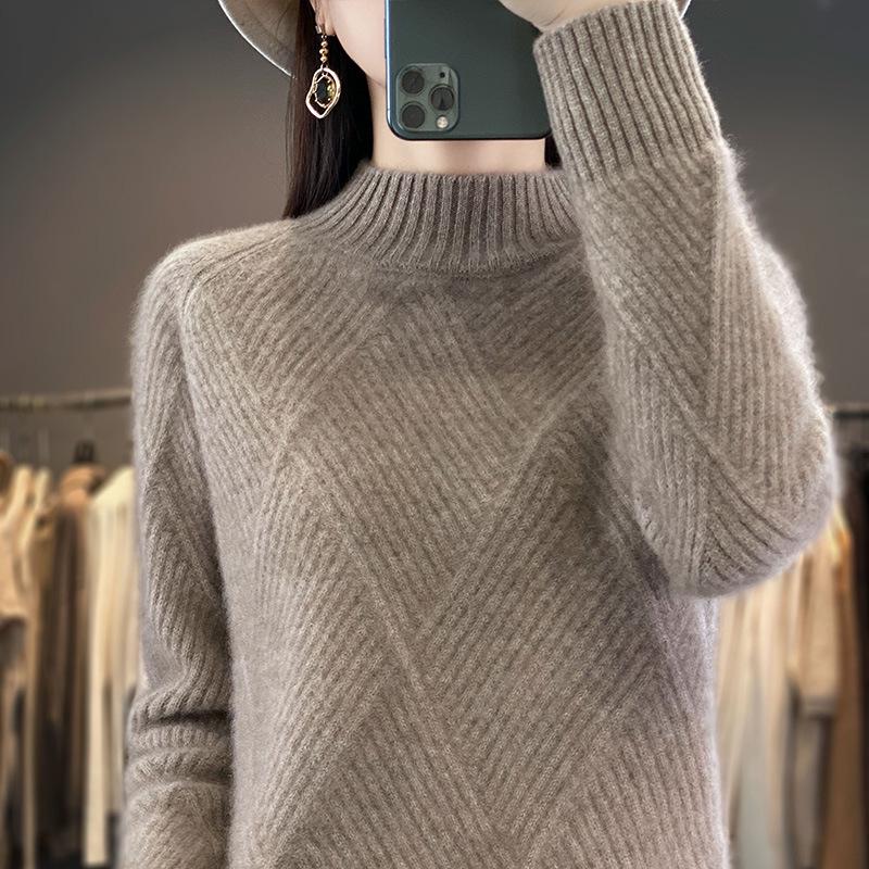 Women's Diamond Pattern Wool Pullover - Ribbed Knit, Half-High Neck, Long Sleeve, Solid Color for Autumn & Winter.
