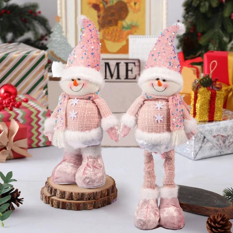 Standing Extendable Christmas Santa and Snowman Plush Doll Pink Glitter Toy Holiday Home Decor Ornament for Table Desk