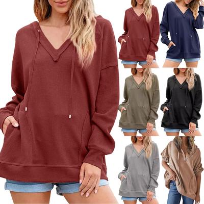 Moletom Feminino Casual Fashion Decote V Cor Sólida Manga Longa com Capuz