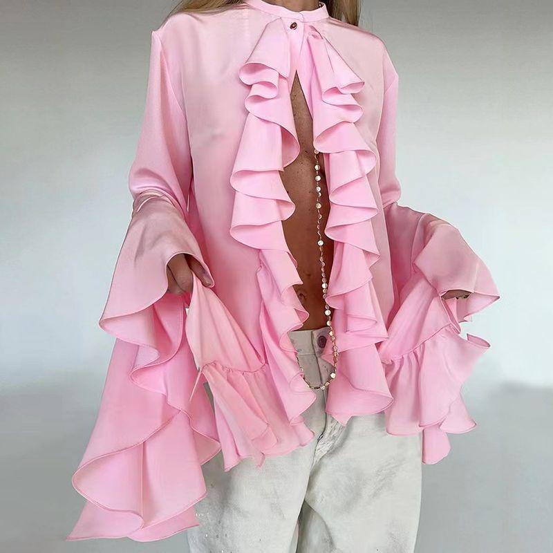 European and American New Chiffon Design round Neck Bell Sleeve Frill Shirts Lotus Leaf Lace Shirt