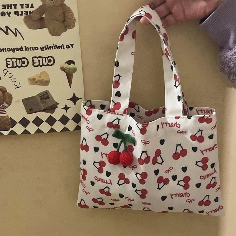 Cute Red Cherry Print Tote Canvas Bag Large Capacity Travel Portable Sundries Storage Bag Girl Sweet Commuter Shoulder Bag Gifts