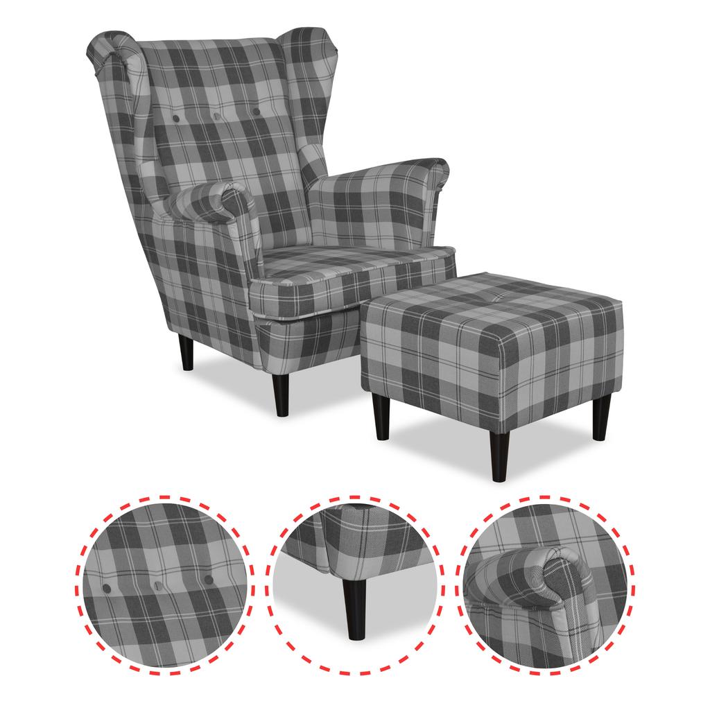 Fotel uszak Winston z podnóżkiem pufą Family Meble krata szara