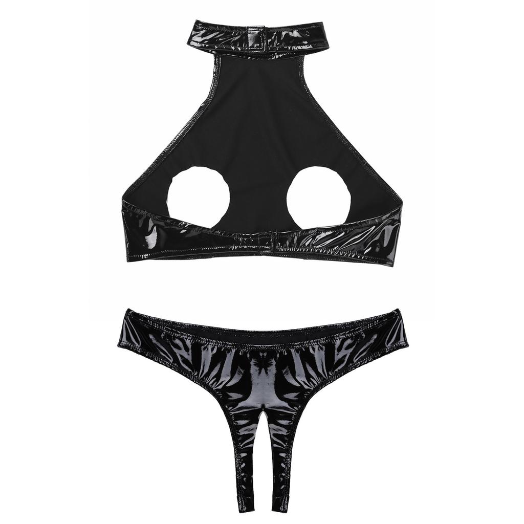 Women's PU Leather Hollow Out Lingerie 2 Piece Sexy Bra and Panty Sets