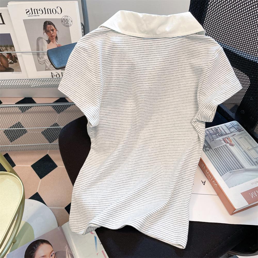 No price reduction #Design sense niche striped shoulder polo lapel short-sleeved T-shirt women's summer new top