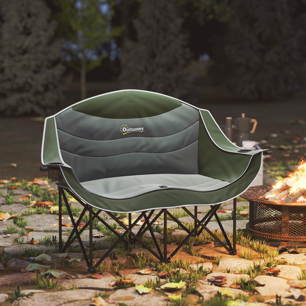 Folding Chair Foldable 2-Seater Camping Chair with Cup Holder Carry Bag up to 250kg Load Capacity Green