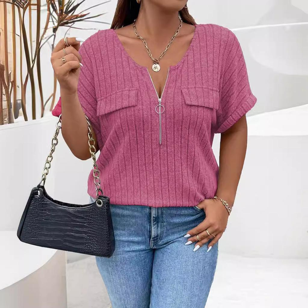 Wiosenno-letni damski T-shirt Jednolity kolor Plus Size Top Zip Krótki rękaw Fałszywe kieszenie T-shirt pulowerowy Luźny