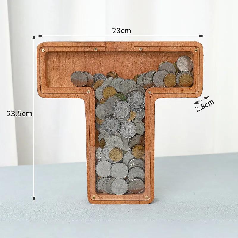 23cm Large Size Twenty-six Letter Piggy Bank Wooden Coin Money Saving Box Jar Coin Storage Box Desktop Ornament Home Decor Craft