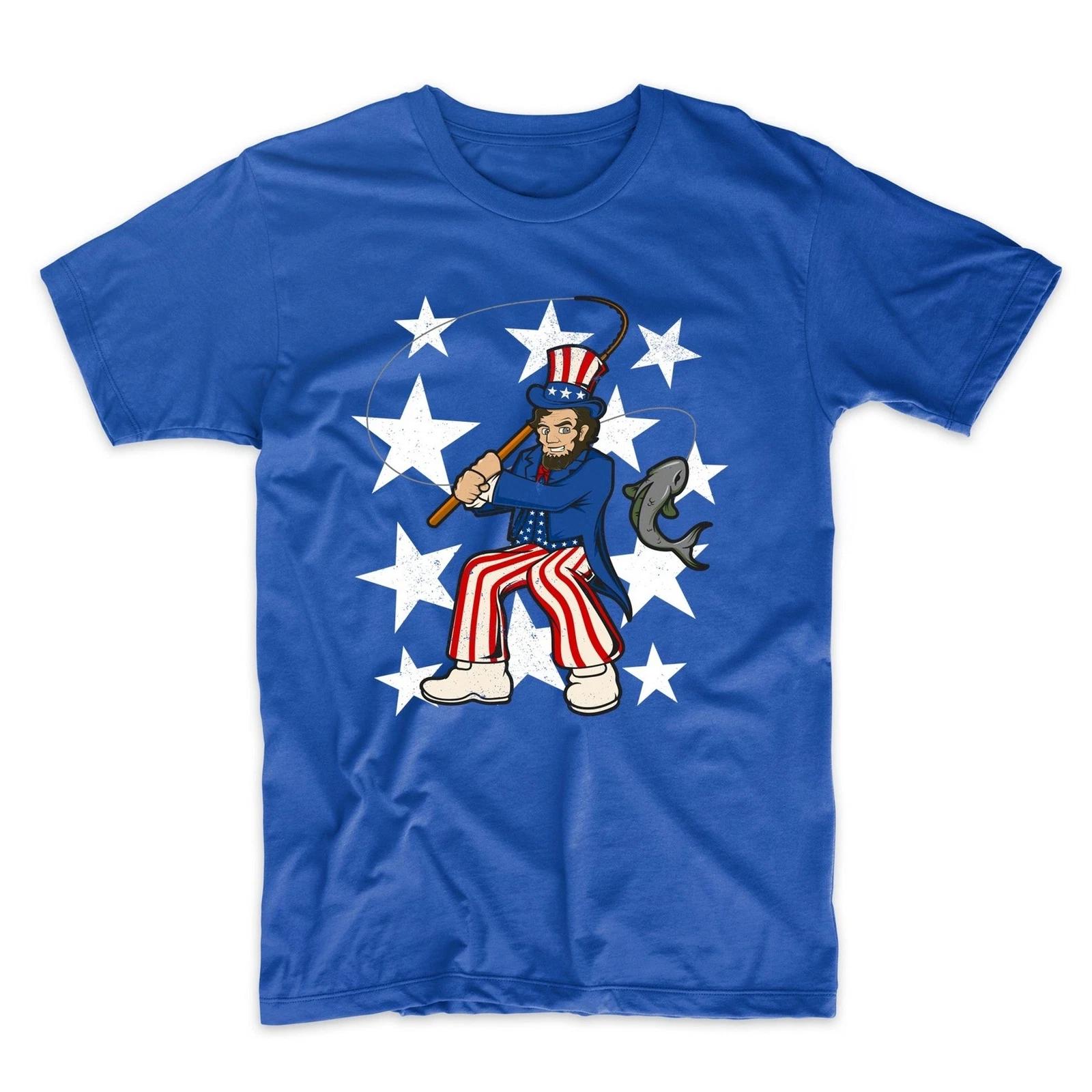 Abraham Lincoln Fishing Funny 4th of July Fisherman Blue T-Shirt M
