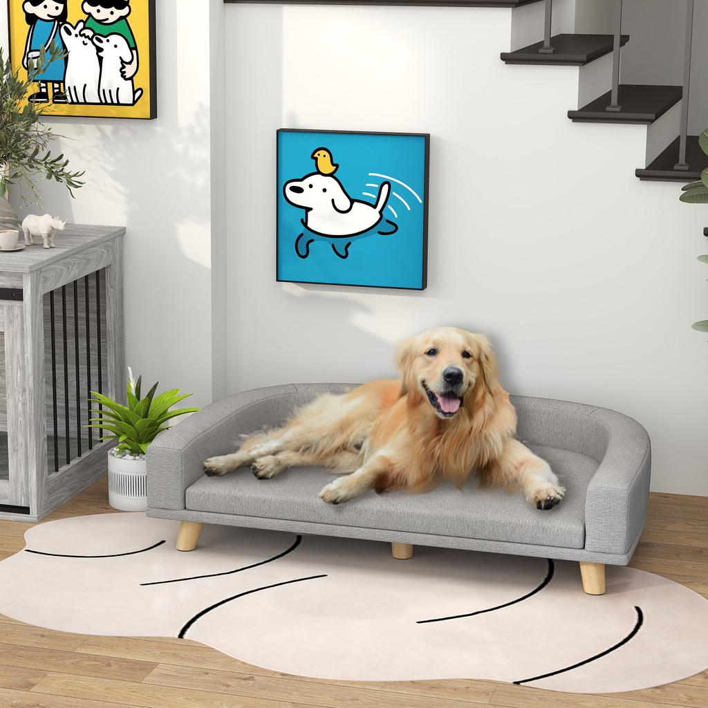 Dog Sofa for Large Dogs Up To 30 Kg, Padded, Pine Wood Legs, 98 X 67 X 25 Cm, Gray