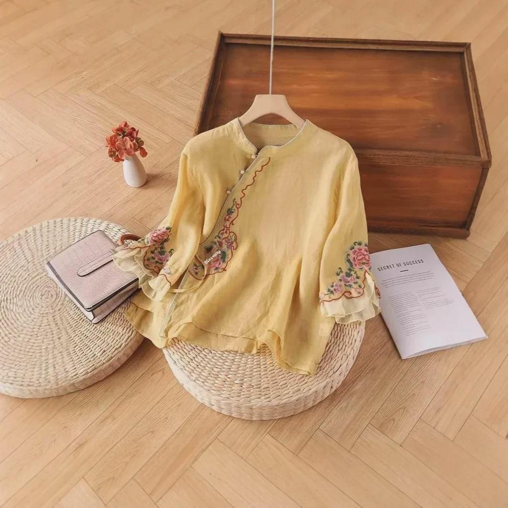 Women's Ethnic Embroidered Cotton-Linen Shirt, Oblique Collar, 3/4 Sleeves, Retro Literary Summer Tea Dress.